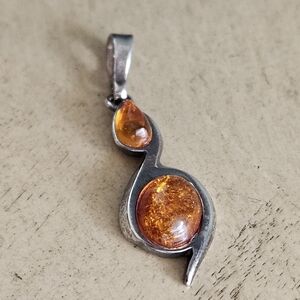 Vintage Baltic Amber Orange Stone Sterling Silver Necklace Pendant
